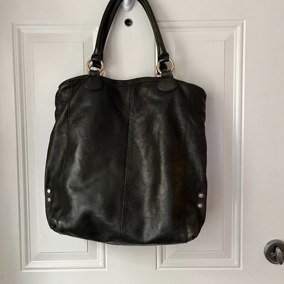 J. Crew Dark Leather Tote with Gold Accents - Picture 2 of 4
